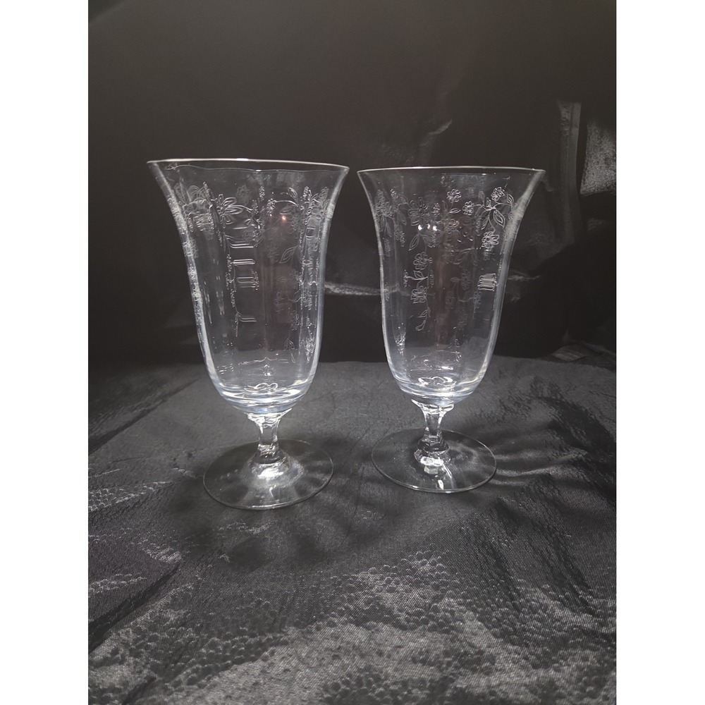 Lenox Castle Garden Iced Tea Lot of 2 Goblets Floral Etched Stemware 6 5/8"